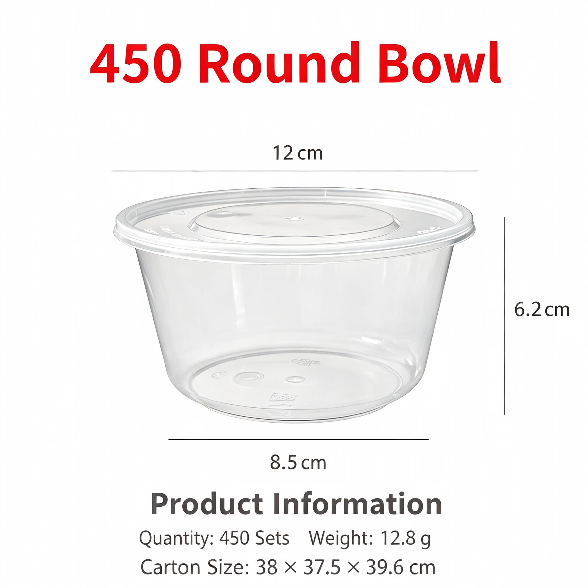 450 Round bowl PP Disposable Food Container, Microwave Safe Clear Plastic Takeaway Lunch Box with Lid for Catering & Food Delivery
