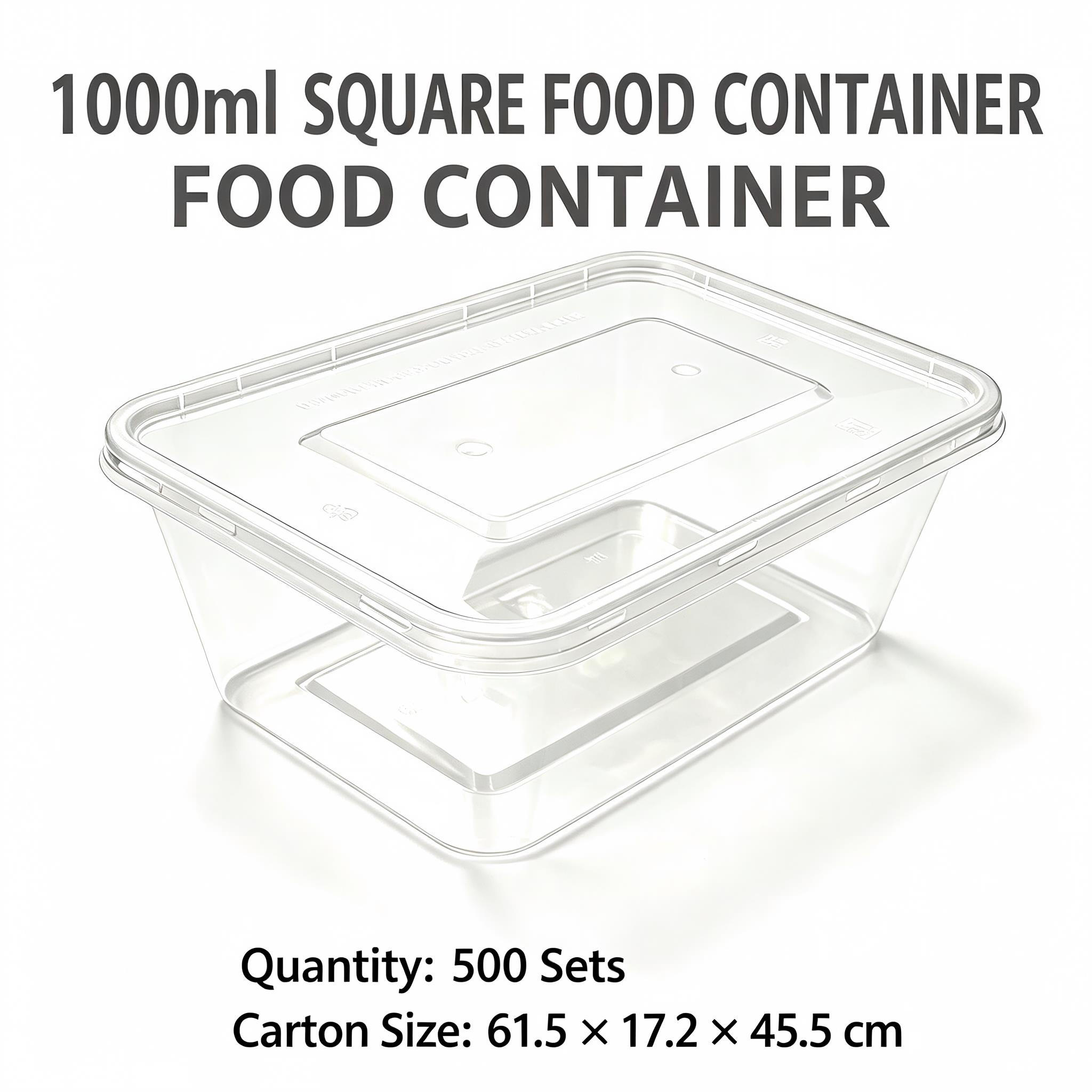 Standard 1000Square PP Disposable Food Container, Microwave Safe Clear Plastic Takeaway Lunch Box with Lid for Catering & Food Delivery, Custom Logo Available
